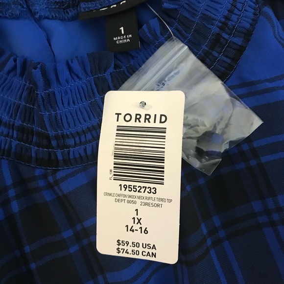 NWT Torrid Blue & Black Tartan Plaid Crinkle Chiffon Ruffle Top Blouse size 1X - Picture 14 of 16